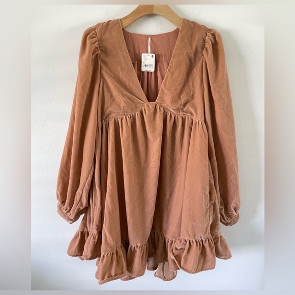 Free People Dresses & Skirts - Free People Estella Velvet Babydoll‎ Mini Dress Boho Ruffled Western Dusty Rose